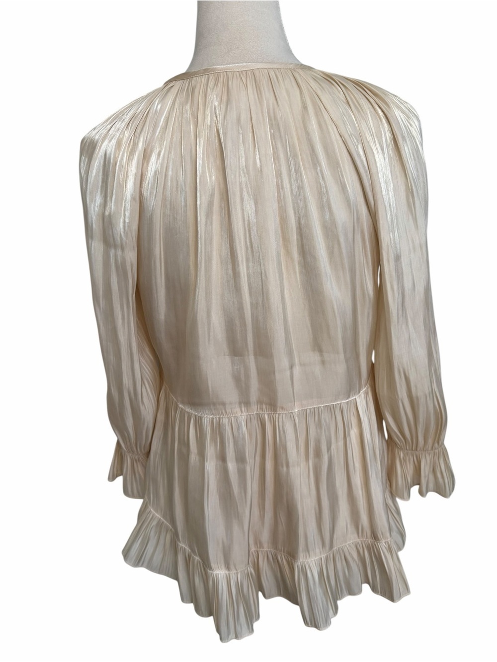 Cinq a Sept Cream Shiny Champagne Ruffled Tie-Front Peasant Blouse - Picture 6 of 7